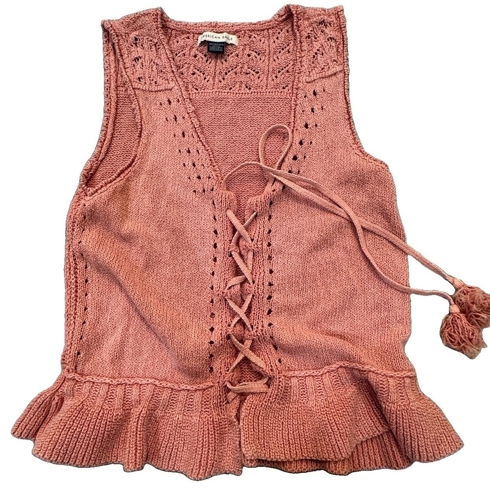 American Eagle Sz XS Crochet Tank Top Best Lace Up Rose Pink Boho Festival Beach